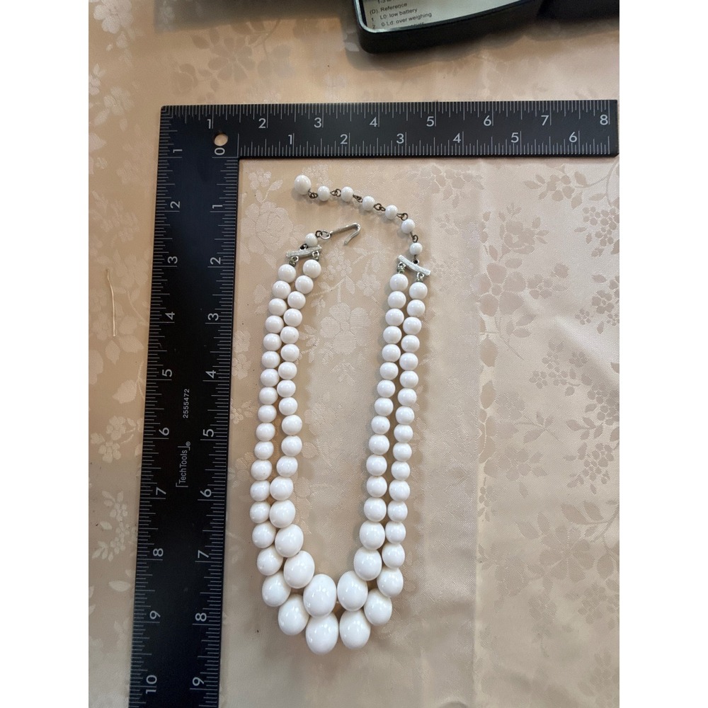 Vintage Japan White Milk Glass Double Strand Graduated Bead Necklace Blacklight